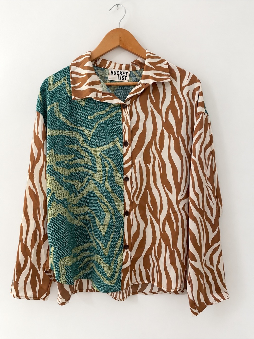 Bucket List Mixed Animal Print Patchwork Button Down Blouse